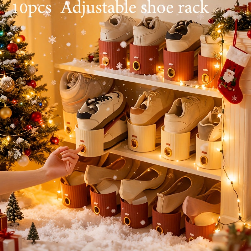 10pcs Shoe Rack, Vertical Stripe with Golden Ring. Stylish Color Scheme. Space-Saving, Solves Messy Issues, Fits All Kinds of Shoes. Foldable Splicing, Free Combination, Suitable For Living Room, Dormitory, Closet. Durable Pp Material