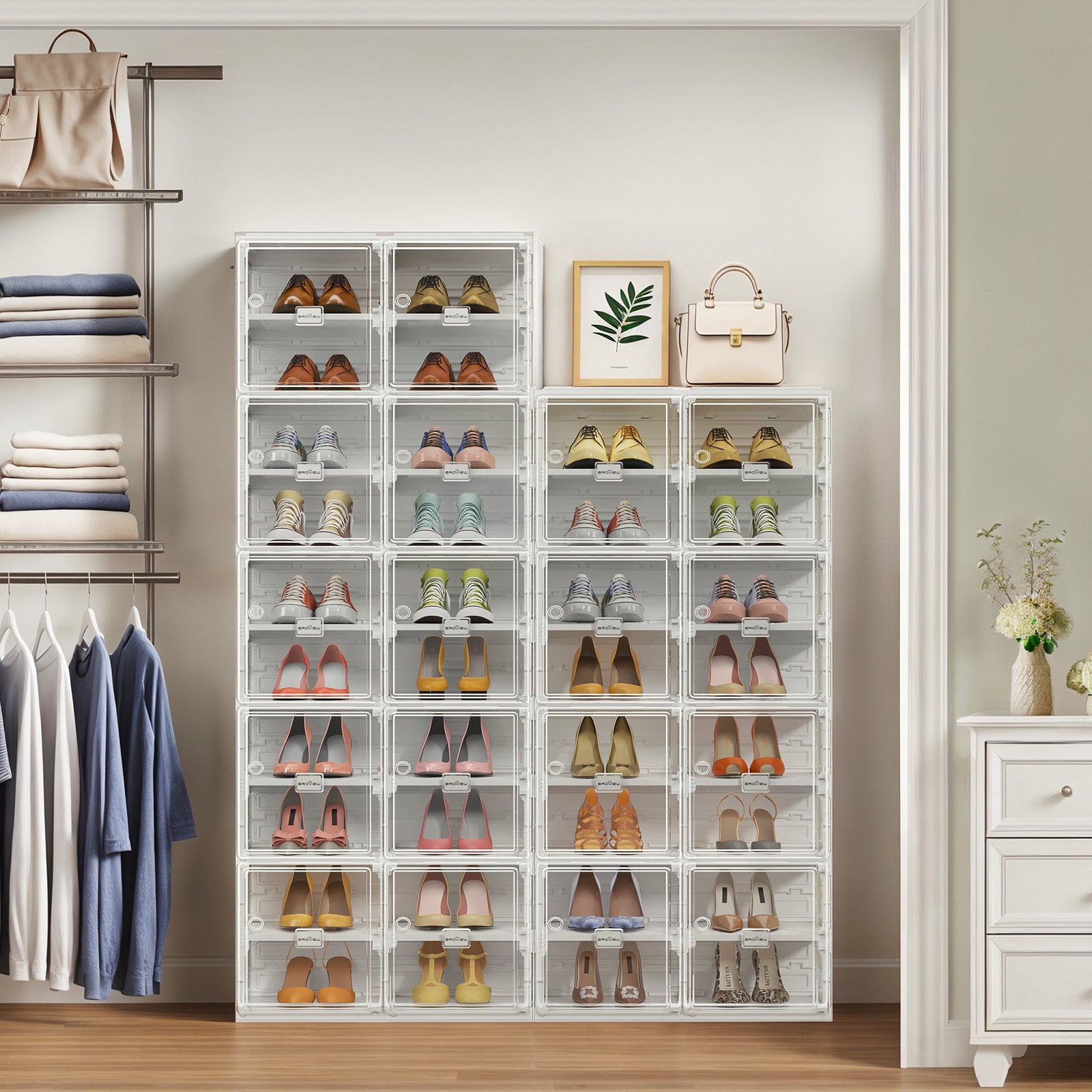 Foldable Shoe Storage Box 8Tier Shoe Rack, Large Stackable Storage Shoe Organizer, 16 Grid Heavy-Duty Plastic Sneacker Display Cabinet with Transparent Door for Home, Entryway, Closet, Easy Assembly