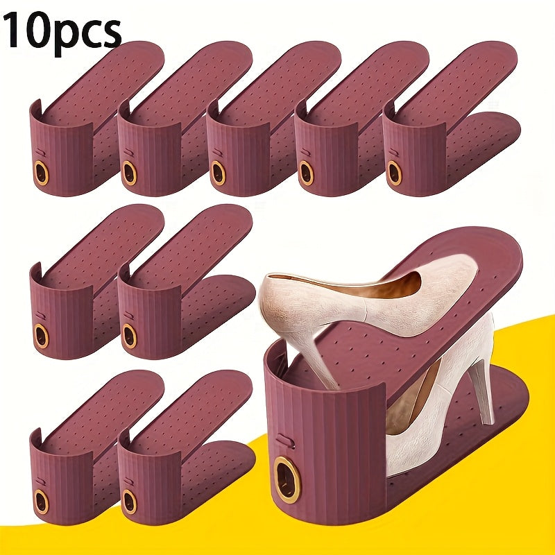 10pcs Shoe Rack, Vertical Stripe with Golden Ring. Stylish Color Scheme. Space-Saving, Solves Messy Issues, Fits All Kinds of Shoes. Foldable Splicing, Free Combination, Suitable For Living Room, Dormitory, Closet. Durable Pp Material