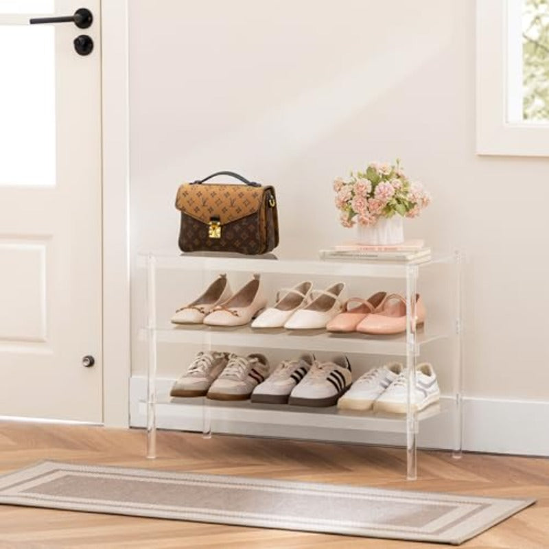 Shoe Rack for Closet 3 Tier Clear Acrylic Shoe Organizer Shelf for Entryway Free Standing Modern Aesthetic Shoe Storage Display Stand 27.56\