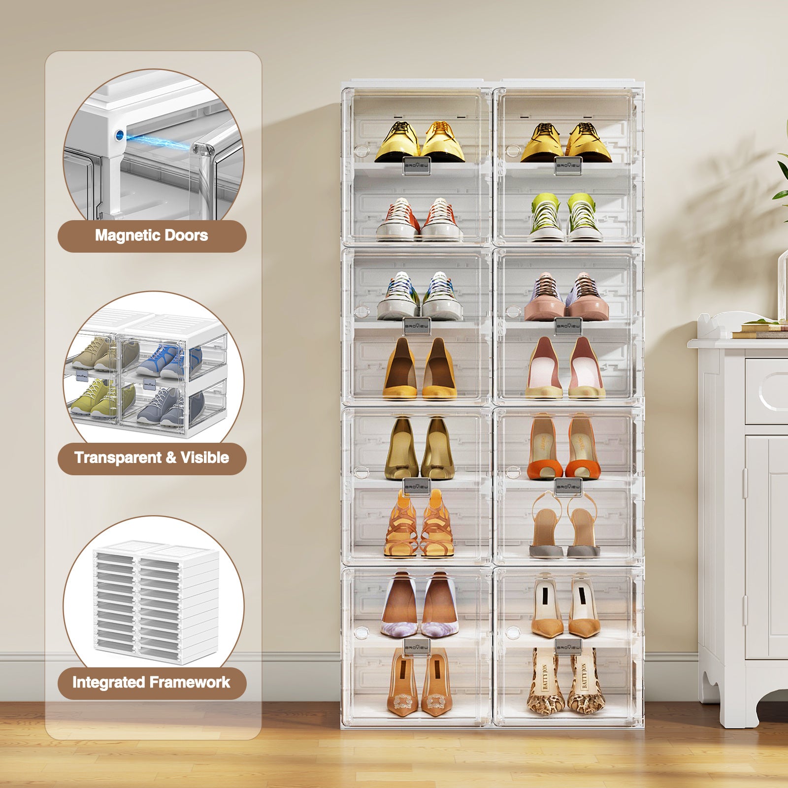 Foldable Shoe Storage Box 8Tier Shoe Rack, Large Stackable Storage Shoe Organizer, 16 Grid Heavy-Duty Plastic Sneacker Display Cabinet with Transparent Door for Home, Entryway, Closet, Easy Assembly