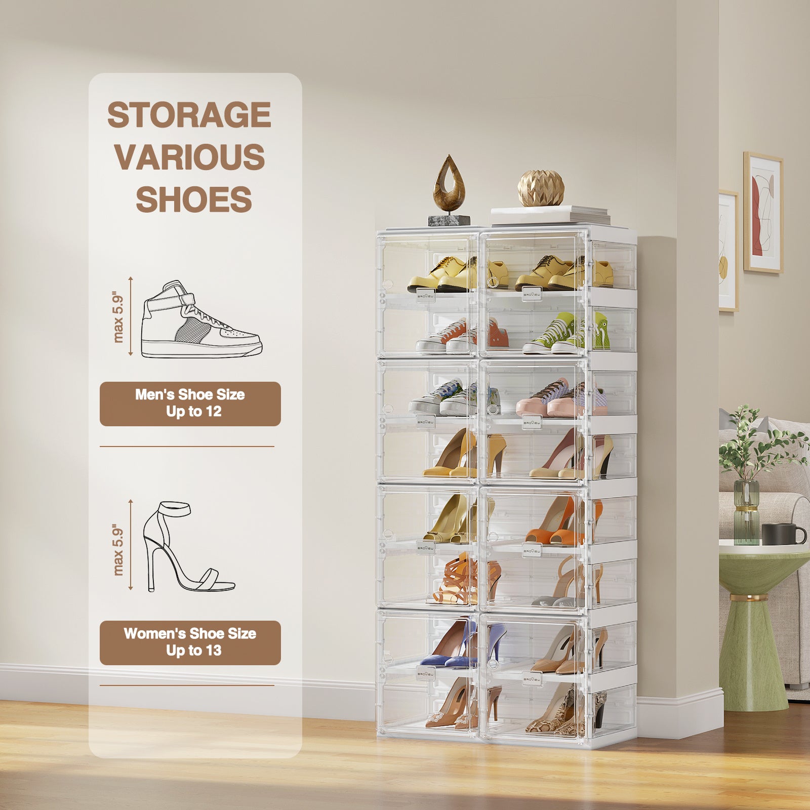 Foldable Shoe Storage Box 8Tier Shoe Rack, Large Stackable Storage Shoe Organizer, 16 Grid Heavy-Duty Plastic Sneacker Display Cabinet with Transparent Door for Home, Entryway, Closet, Easy Assembly