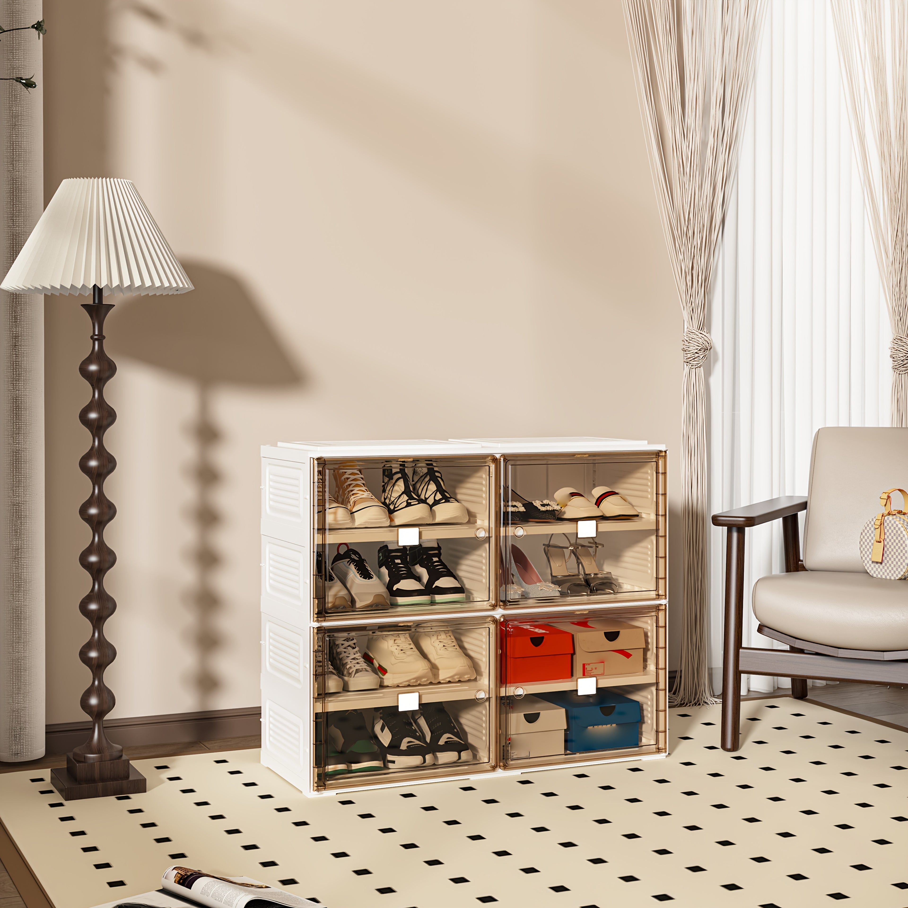 No-Installation Folding Shoe Cabinet with 4 Layers for 16 Pairs Of Shoes, Magnetic Transparent Door Dustproof Design, Durable Plastic Material, Large Capacity And Multiple Sizes to Meet Family Needs, Suitable for Living Room\u002FDressing Room