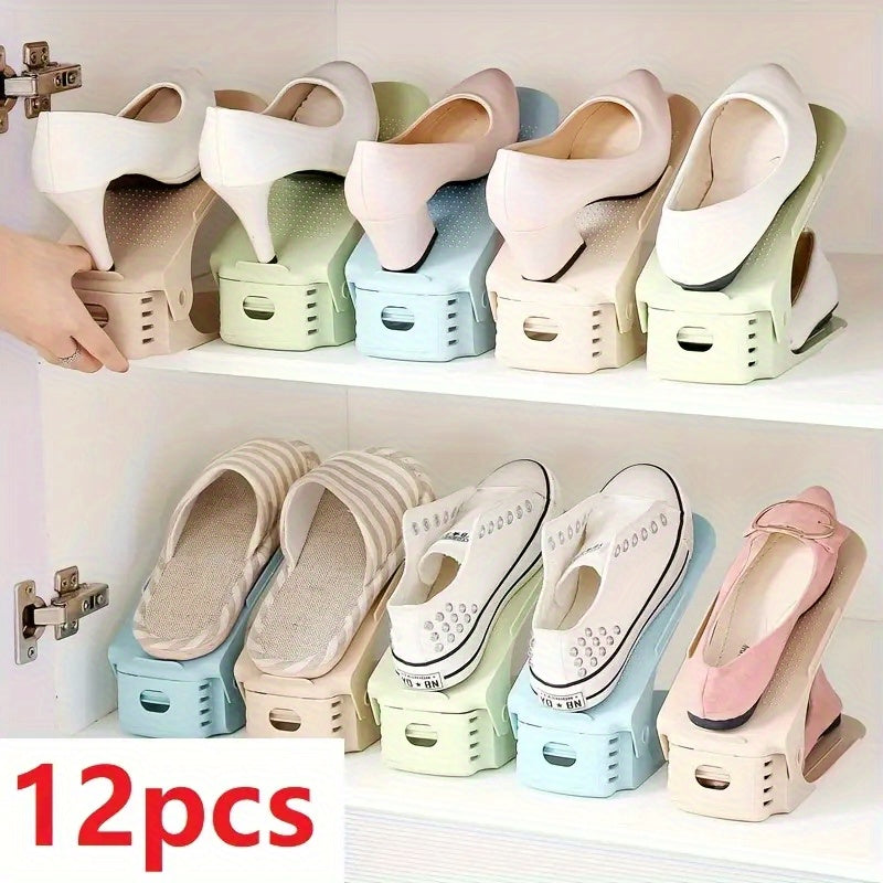 12pcs Adjustable Shoe Rack Organizer, Space Saving Stackable Plastic Shoe Shelf for Closet, Entryway, Bedroom, Dorm Room - Multi-Tier Shoe Storage Solution for Men Women