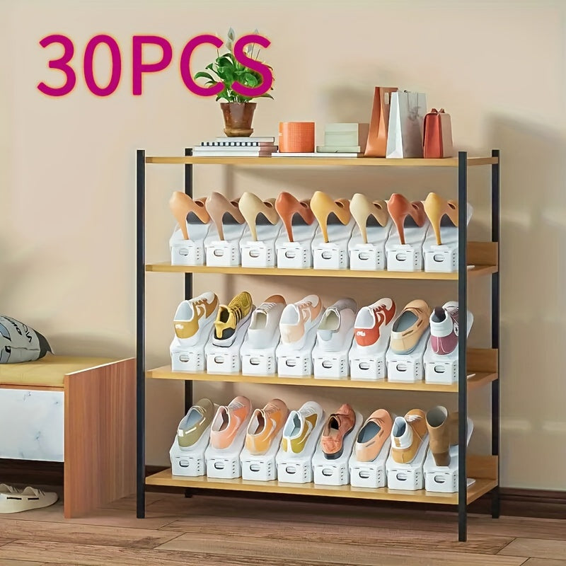 30-Pack Adjustable Shoe Storage Slots, Space-Saving Plastic Shoe Rack for Closet, Entryway, Hallway, Living Room, Bedroom, Easy Stackable, No Power Required, Home Organization Solution for Shoe Storage