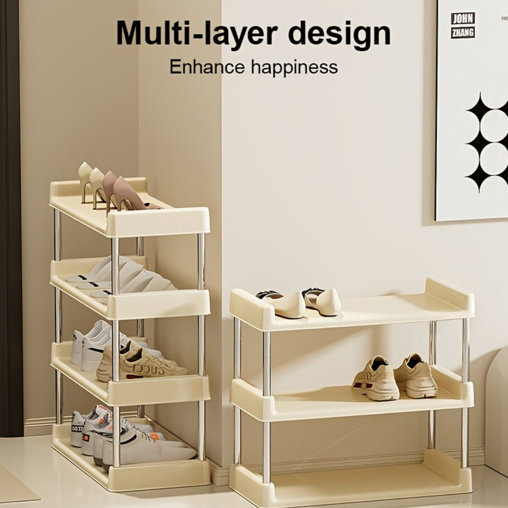 3-Tier Minimalist Shoe Rack | Freestanding, Metal Reinforced, Lightweight, Space-Saving Organizer For Entryway, Dorm & Narrow Spaces | Contains Golden Tube, 6.3inch Floor Height, 10Mm To 12Mm Diameter, 13.23LB Shelf Load, Plastic Shelves, Floor Mount