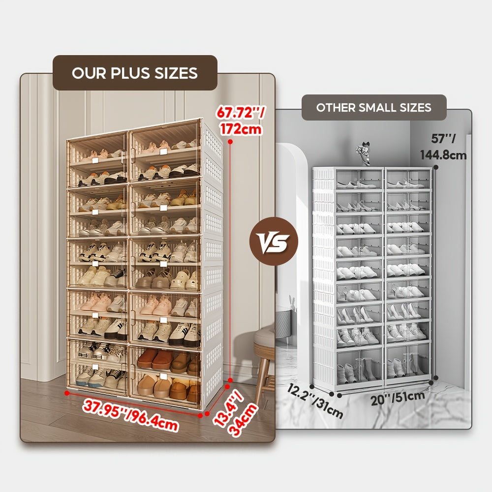 Multi-size Foldable Shoe Cabinet, Ready-to-use with No Assembly Required. Large Capacity of 4-10 Layers, Magnetic Transparent Door for Dust and Moisture Protection. Made of Sturdy and Durable Plastic, Suitable for Entryways, Living Rooms, and