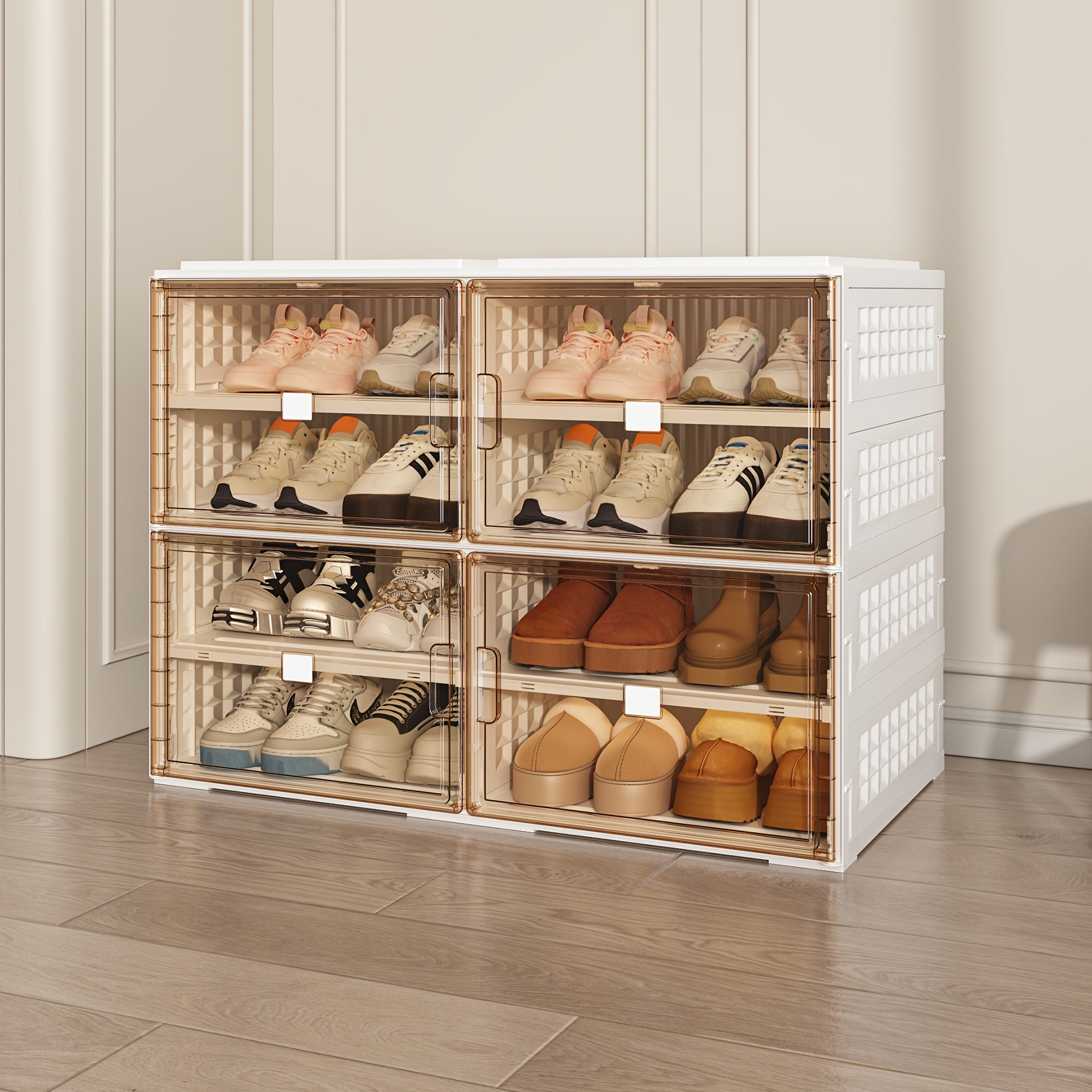 Multi-size Foldable Shoe Cabinet, Ready-to-use with No Assembly Required. Large Capacity of 4-10 Layers, Magnetic Transparent Door for Dust and Moisture Protection. Made of Sturdy and Durable Plastic, Suitable for Entryways, Living Rooms, and