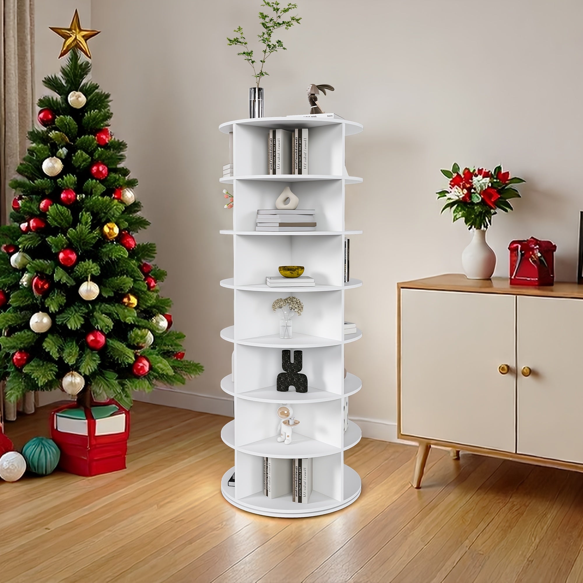 Free-Standing Rotating Shoe Rack Tower - 7\u002F8-Tier Spinning Shoe Organizer with 360° Rotation, Holds 28 Pairs of Shoes, Heavy-Duty PVC -Standing Shelf Suitable for Entryway,, ' Rooms - Assembly, White