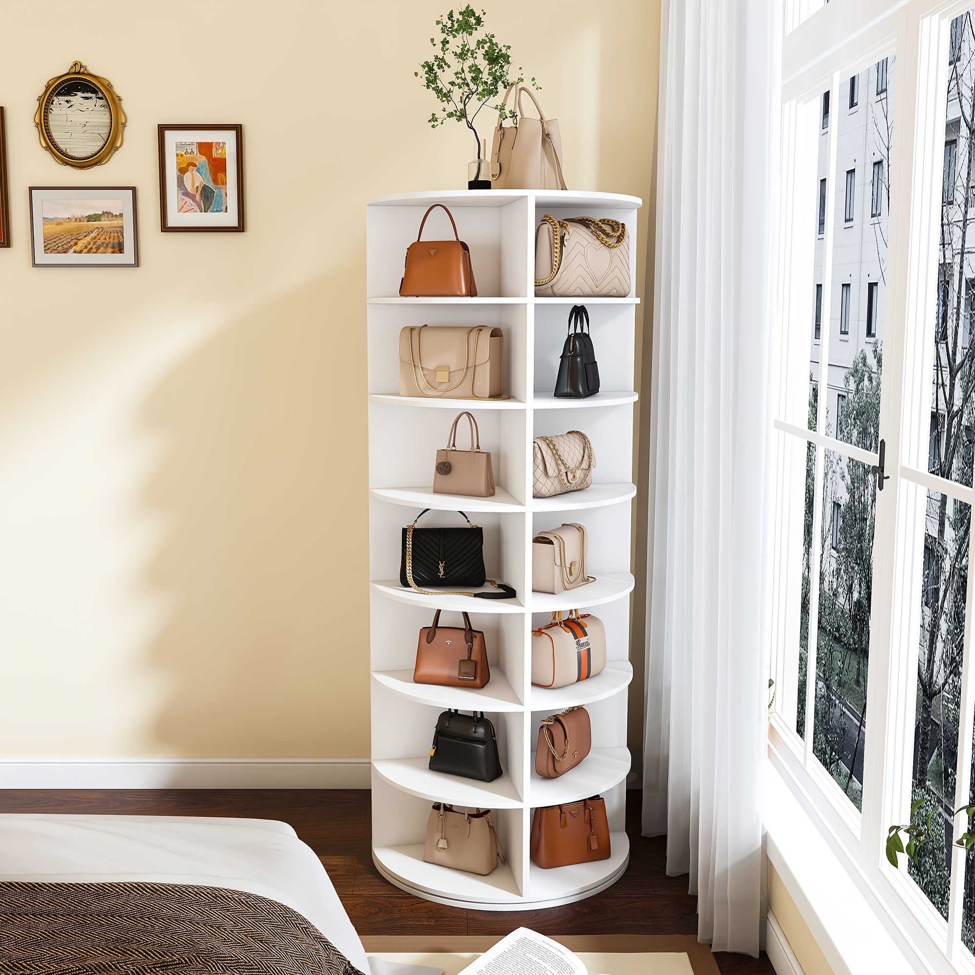 Free-Standing Rotating Shoe Rack Tower - 7\u002F8-Tier Spinning Shoe Organizer with 360° Rotation, Holds 28 Pairs of Shoes, Heavy-Duty PVC -Standing Shelf Suitable for Entryway,, ' Rooms - Assembly, White