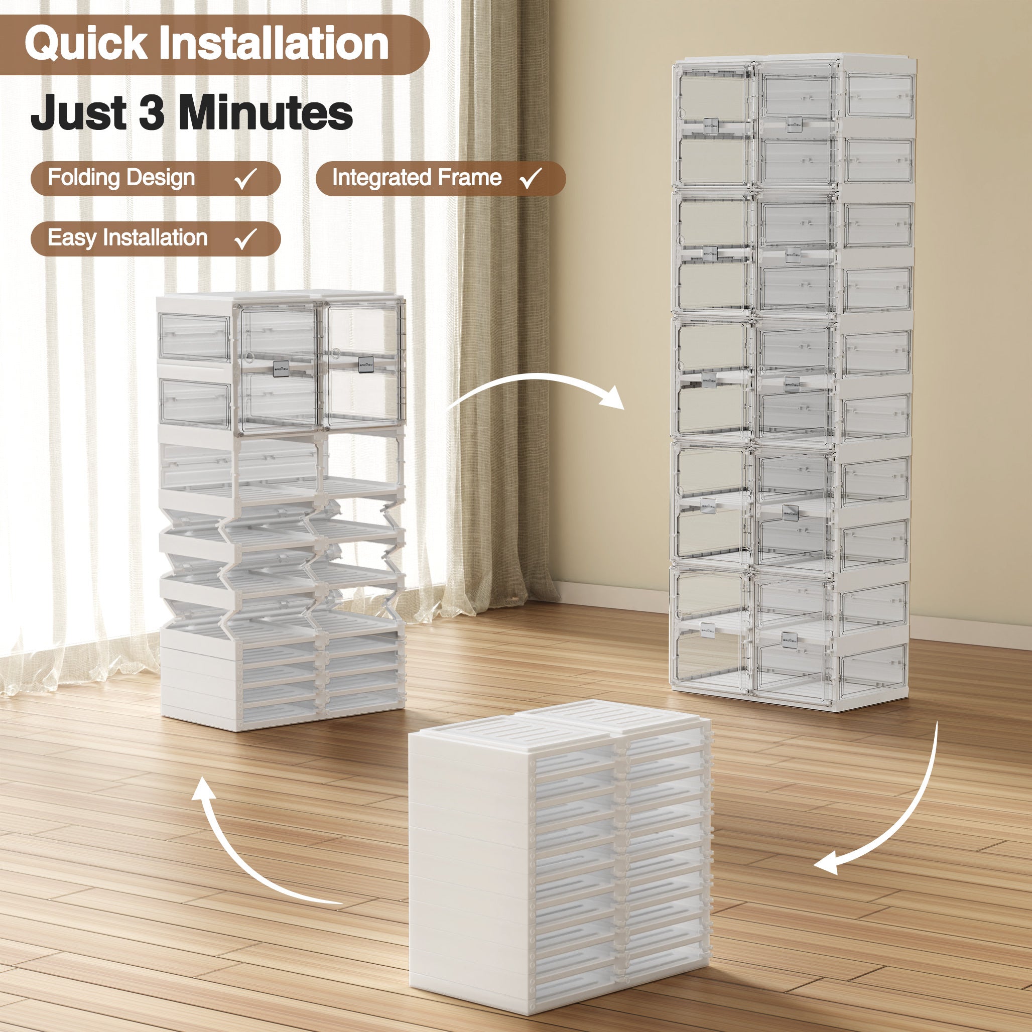 Foldable Shoe Storage Box 8Tier Shoe Rack, Large Stackable Storage Shoe Organizer, 16 Grid Heavy-Duty Plastic Sneacker Display Cabinet with Transparent Door for Home, Entryway, Closet, Easy Assembly