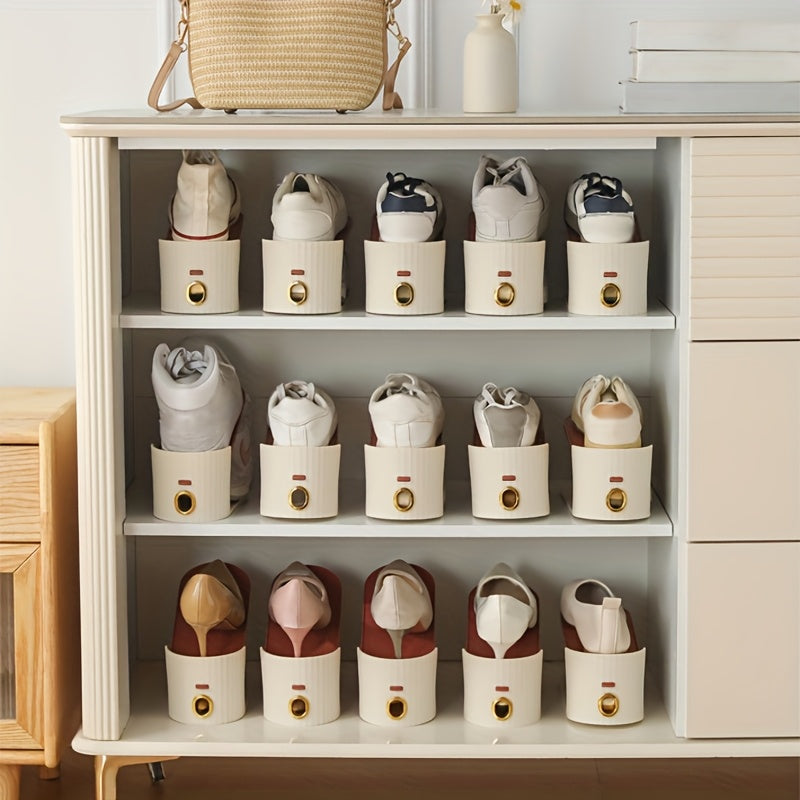 10pcs Shoe Rack, Vertical Stripe with Golden Ring. Stylish Color Scheme. Space-Saving, Solves Messy Issues, Fits All Kinds of Shoes. Foldable Splicing, Free Combination, Suitable For Living Room, Dormitory, Closet. Durable Pp Material