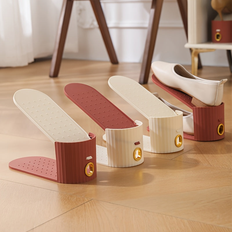 10pcs Shoe Rack, Vertical Stripe with Golden Ring. Stylish Color Scheme. Space-Saving, Solves Messy Issues, Fits All Kinds of Shoes. Foldable Splicing, Free Combination, Suitable For Living Room, Dormitory, Closet. Durable Pp Material