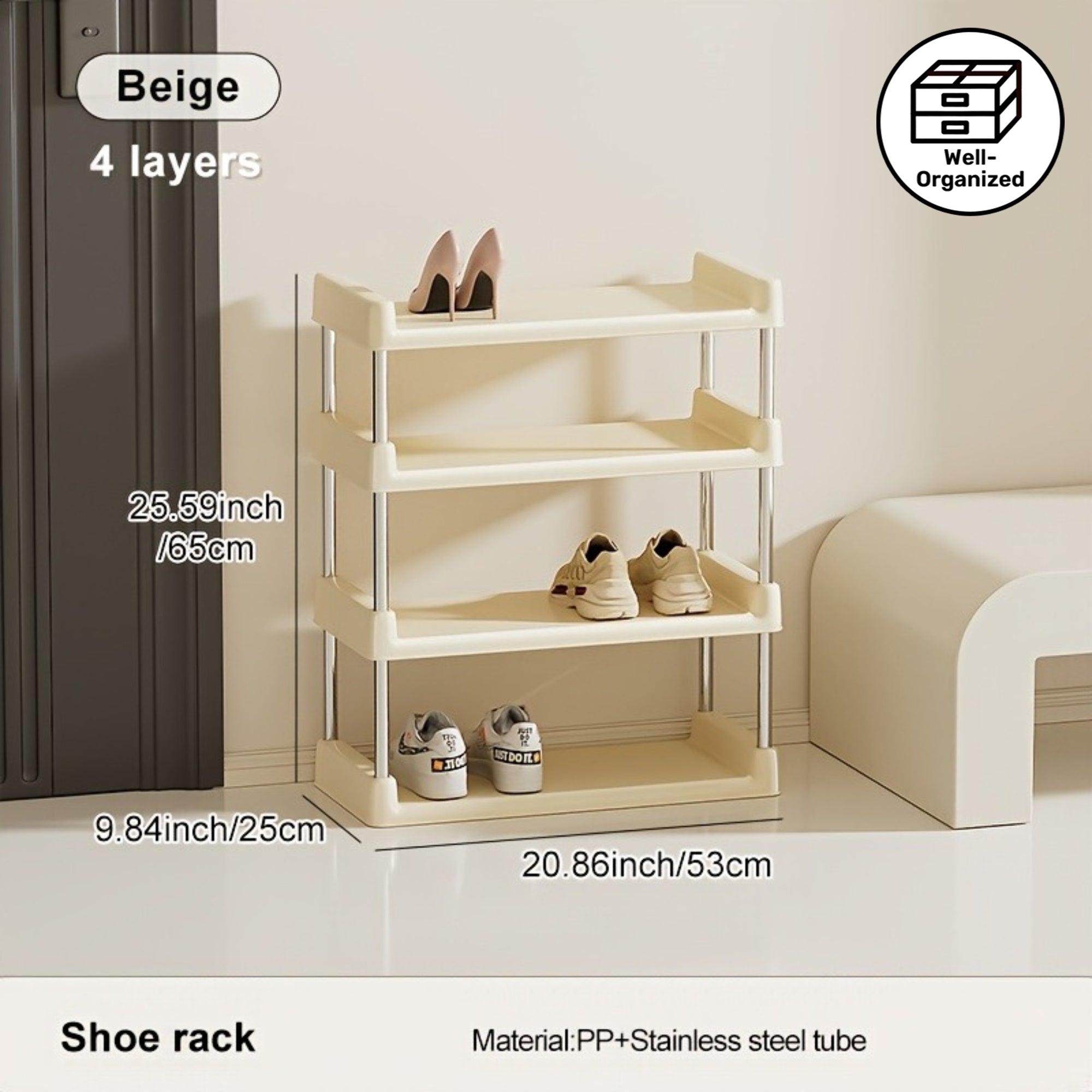 3-Tier Minimalist Shoe Rack | Freestanding, Metal Reinforced, Lightweight, Space-Saving Organizer For Entryway, Dorm & Narrow Spaces | Contains Golden Tube, 6.3inch Floor Height, 10Mm To 12Mm Diameter, 13.23LB Shelf Load, Plastic Shelves, Floor Mount
