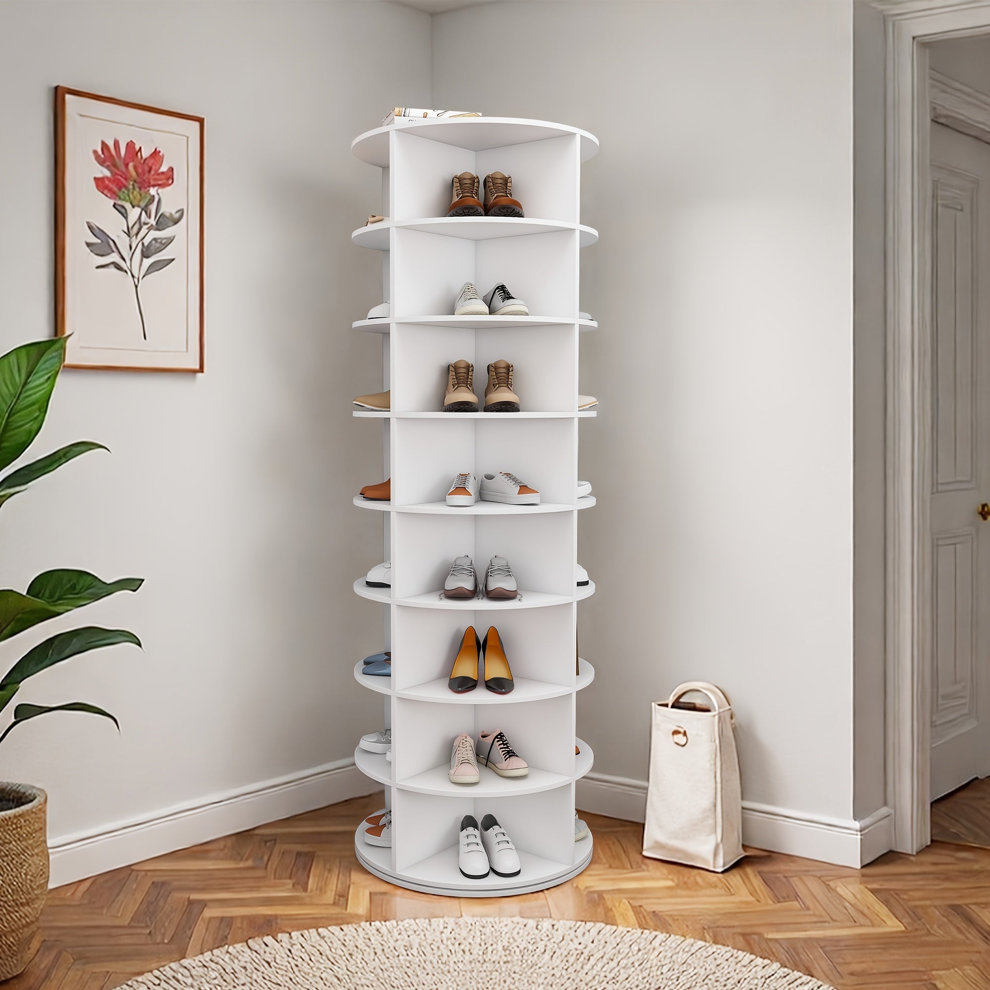 Free-Standing Rotating Shoe Rack Tower - 7\u002F8-Tier Spinning Shoe Organizer with 360° Rotation, Holds 28 Pairs of Shoes, Heavy-Duty PVC -Standing Shelf Suitable for Entryway,, ' Rooms - Assembly, White